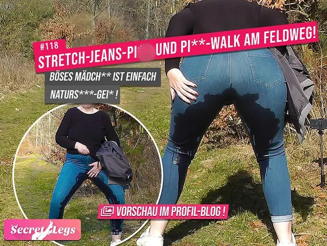 Stretch-JEANS-PISS und PISS-WALK am Feldweg! - Böses Mädchen ist einfach Natursekt-geil!