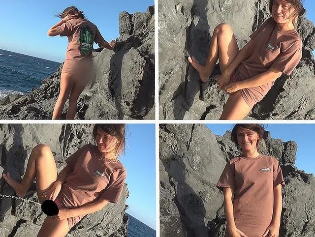 Ich uriniere auf einem Felsen am Meer