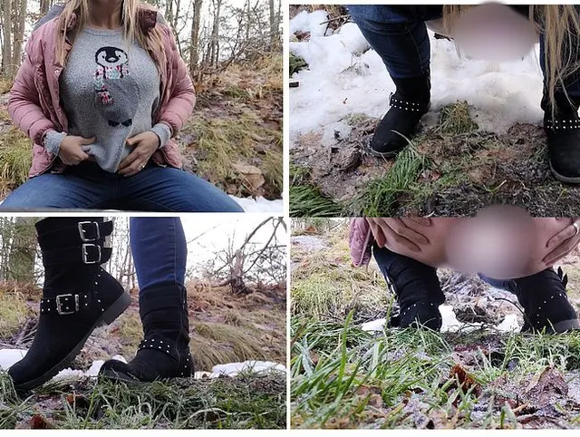 Süßes junges  Blondi mit Stiefel in Schnee pissen udn Titten Zeigen, auch Doggy arsch Muschi Ansicht