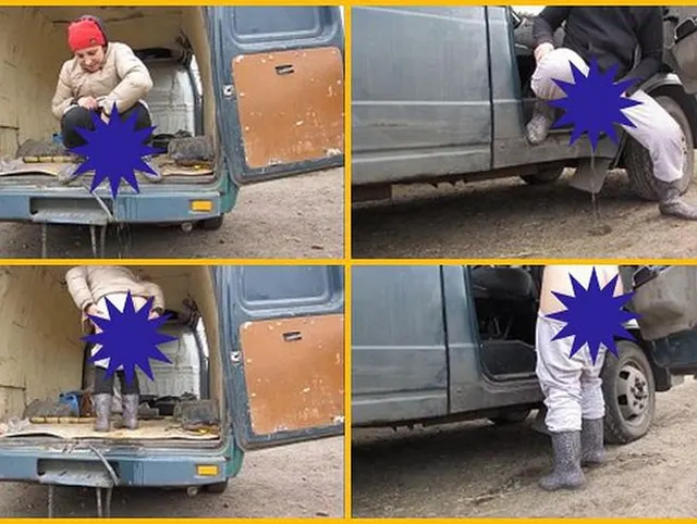 pissing in rubber boots from the car (3)