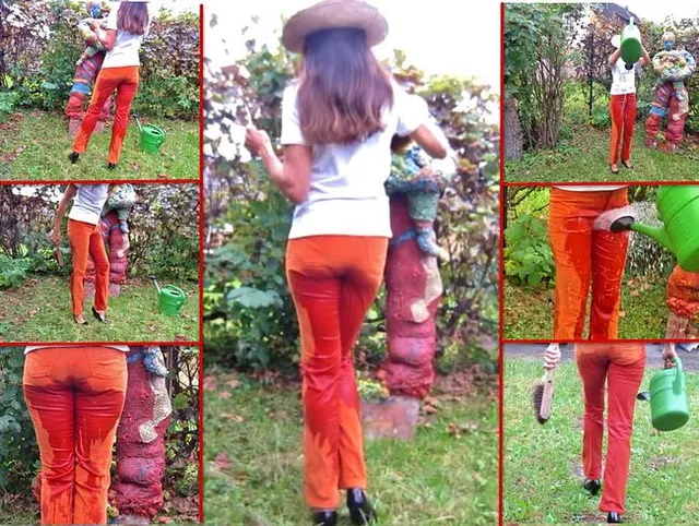 Piss in Cordjeans beim Statueputzen